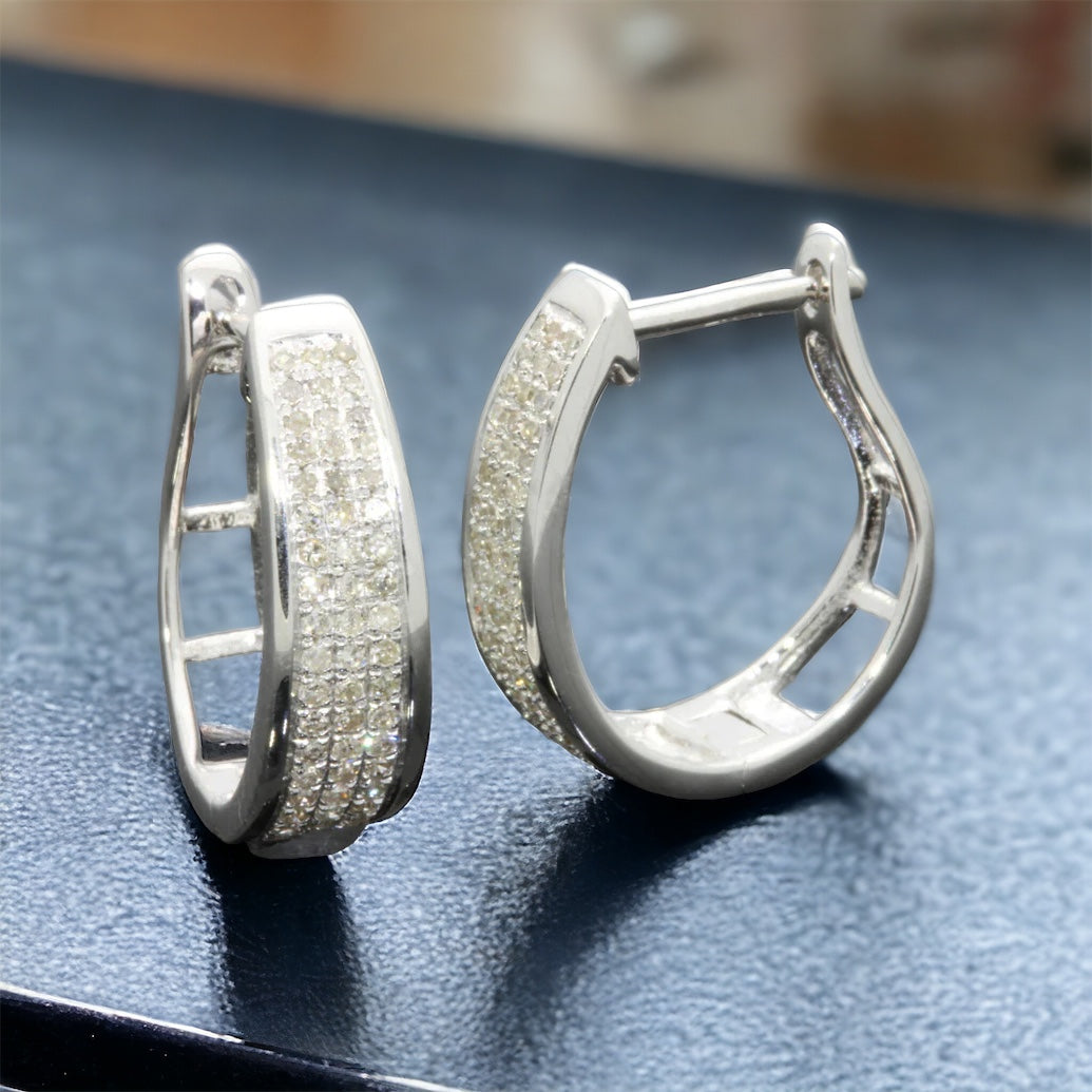 1/2Ct Sterling Silver Diamond Hoop Earrings HUGGIE STUDS