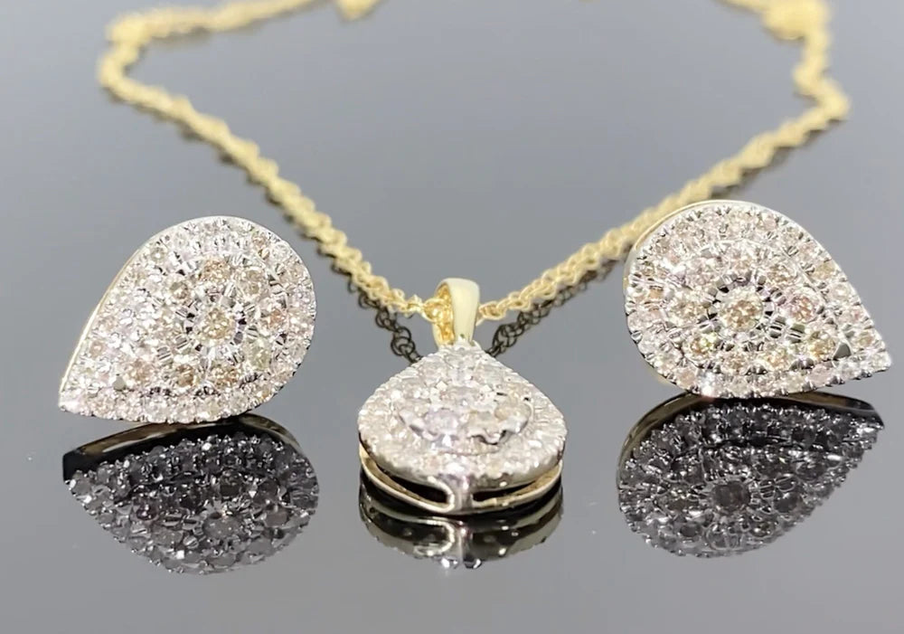 1 Ct Diamond 10k Earrings & Pendant Necklace Set With CHAIN